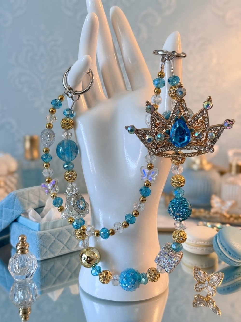 Gold and Blue Crown Beaded Bag Charm